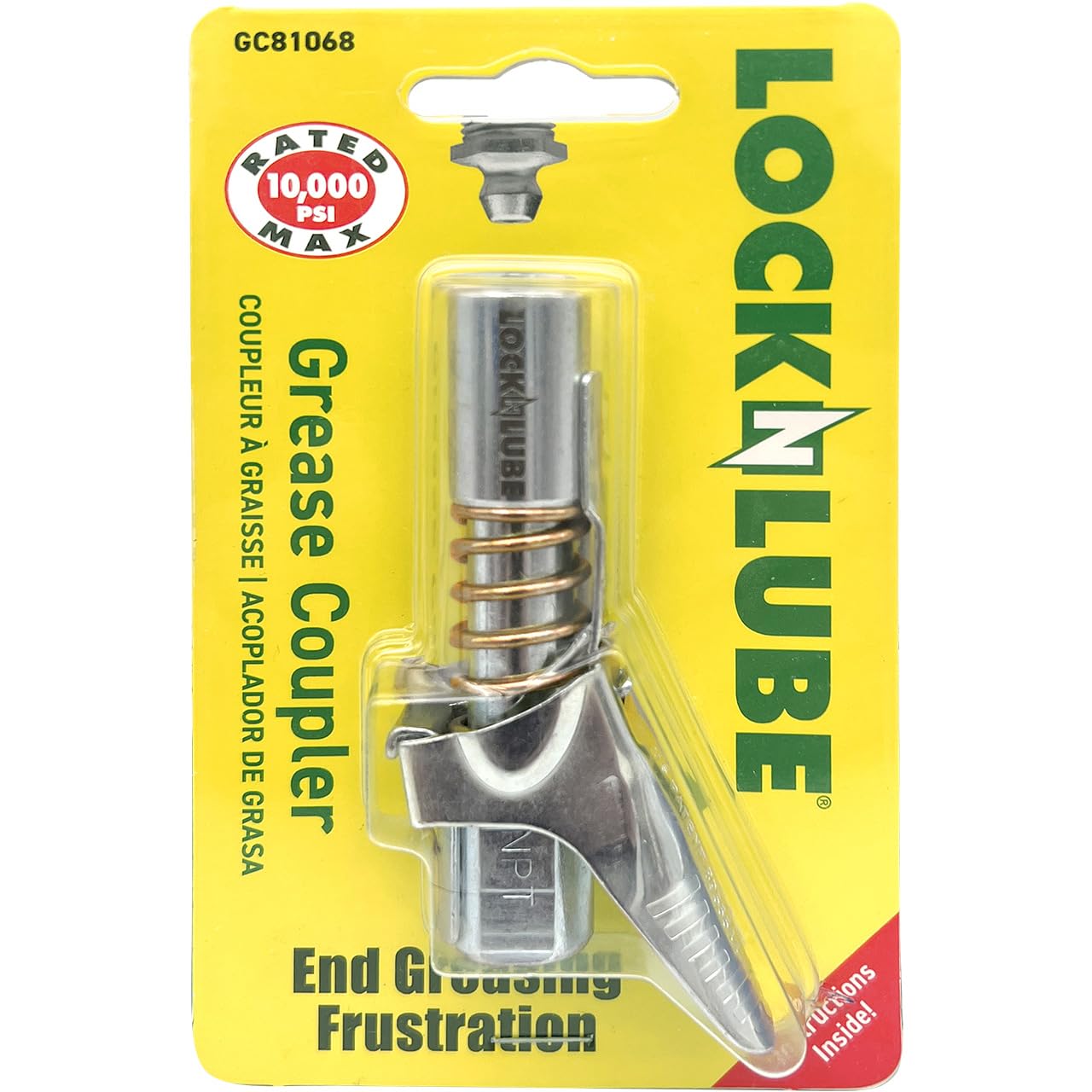 LockNLube grease gun coupler locking onto a Zerk fitting for leak-free, controlled greasing.