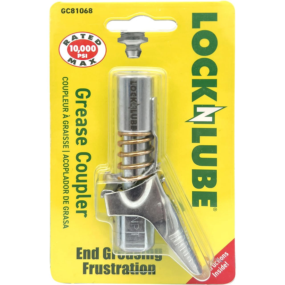 LockNLube grease gun coupler locking onto a Zerk fitting for leak-free, controlled greasing.