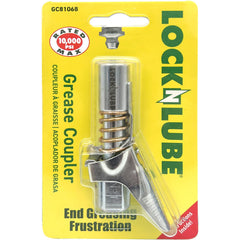 LockNLube grease gun coupler locking onto a Zerk fitting for leak-free, controlled greasing.