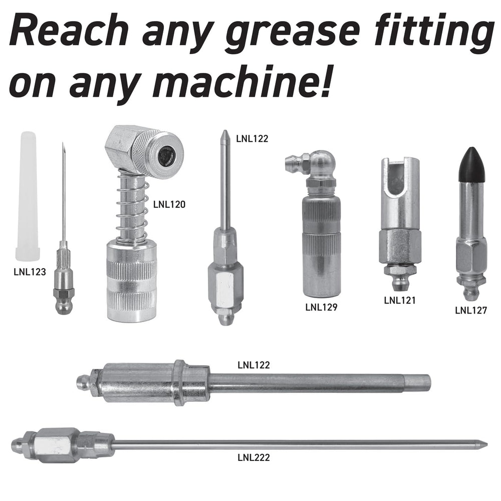 LockNLube Quick Connect Kit tools layout ready for grease adapters and use.