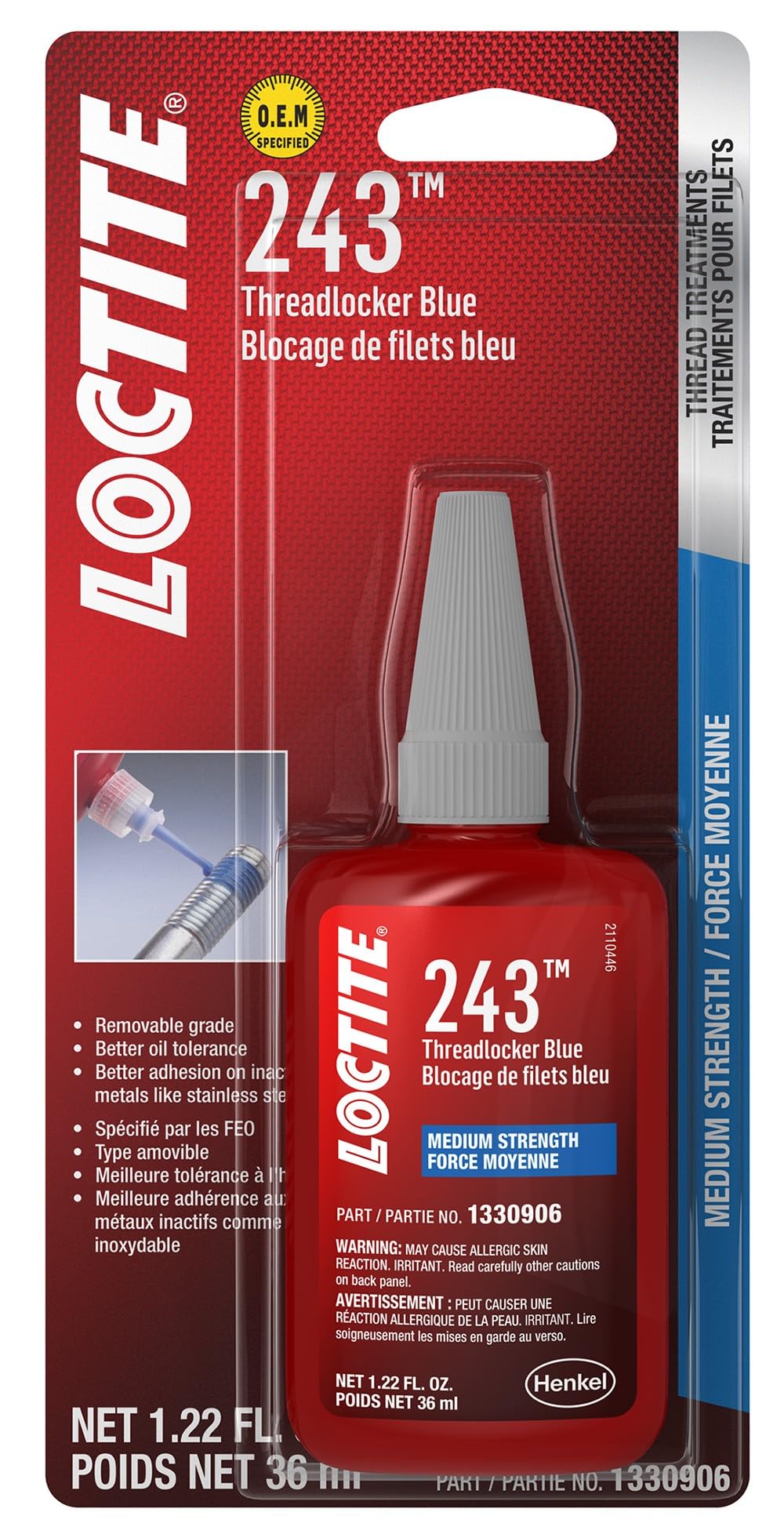 Loctite 243 blue threadlocker bottle for medium-strength automotive sealing.