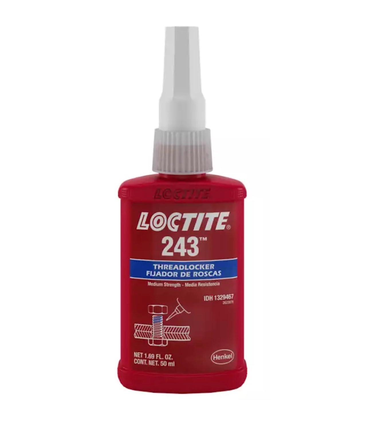 Loctite 243 threadlocker bottle closeup highlighting oil tolerance for servicing vibrations.