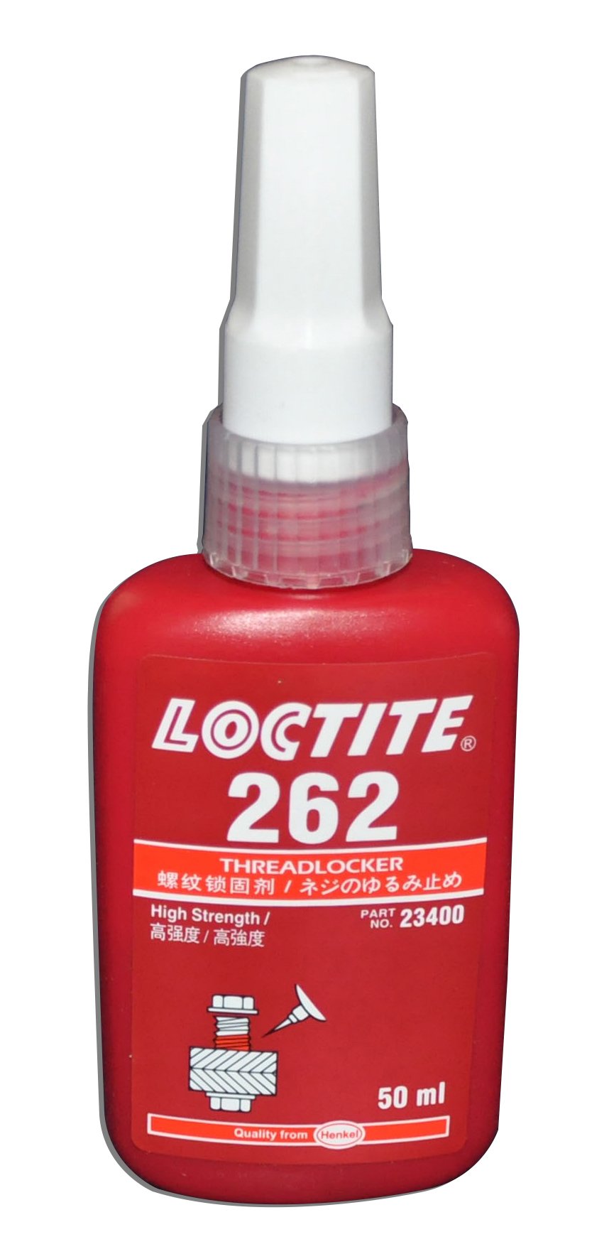 Loctite 262 high-strength threadlocker bottle secures fasteners against vibration.