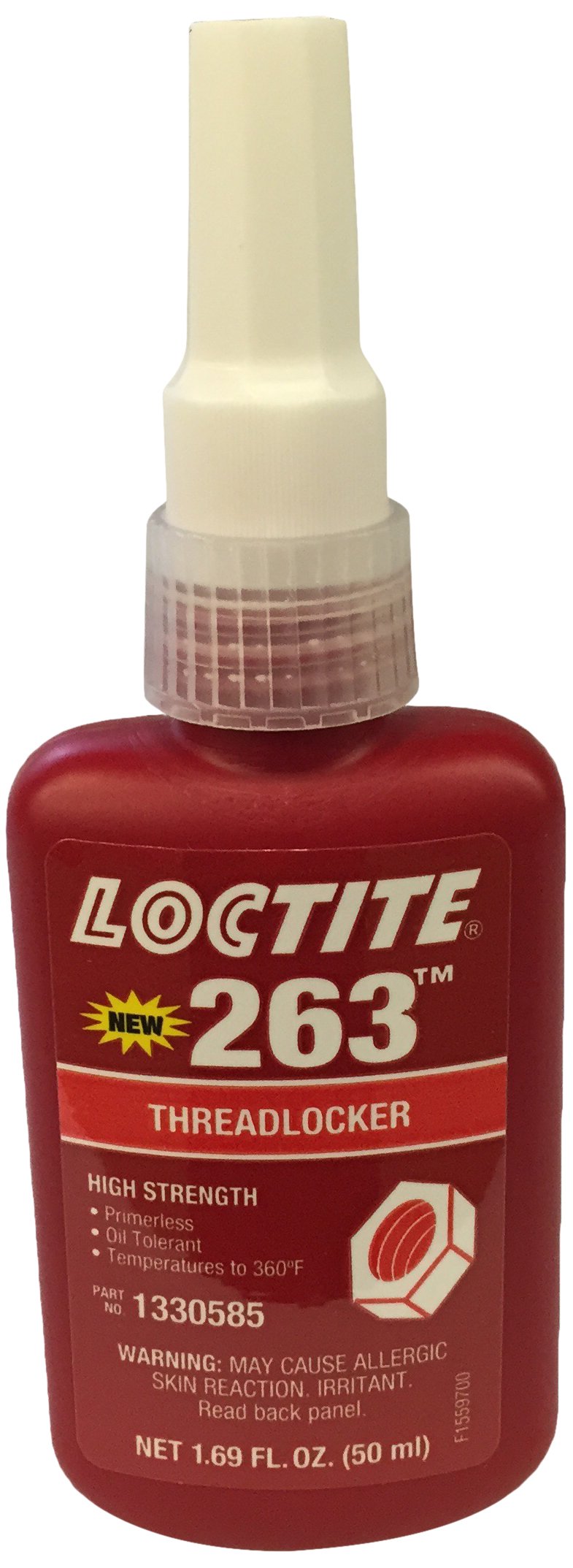 Loctite 263 red thread locker bottle for oil-tolerant, primerless fastening of metal threads.