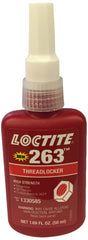 Loctite 263 red thread locker bottle for oil-tolerant, primerless fastening of metal threads.