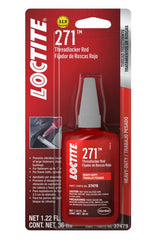 Loctite Red 271 heavy-duty threadlocker bottle secures large bolts during high-vibration automotive use.