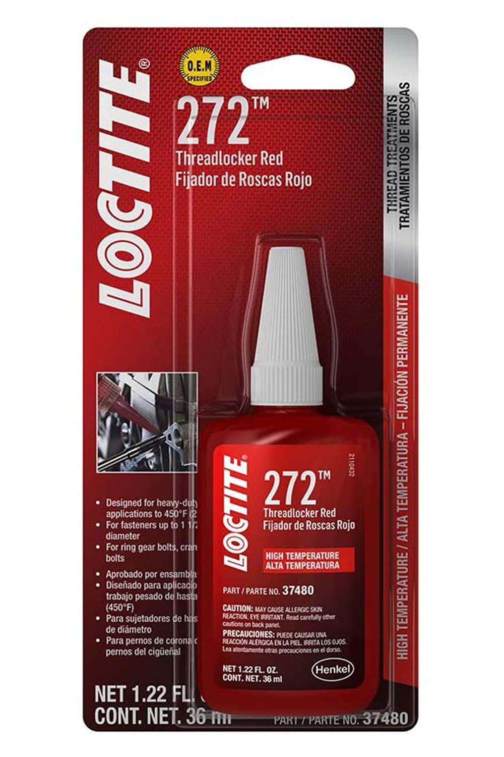Loctite 37480 272 red high-temperature threadlocker bottle securing metal fasteners for engines