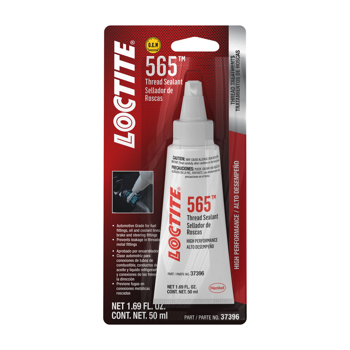 Loctite 565 bottle pour illustrates fast-curing automotive thread sealant for leak-free joints.