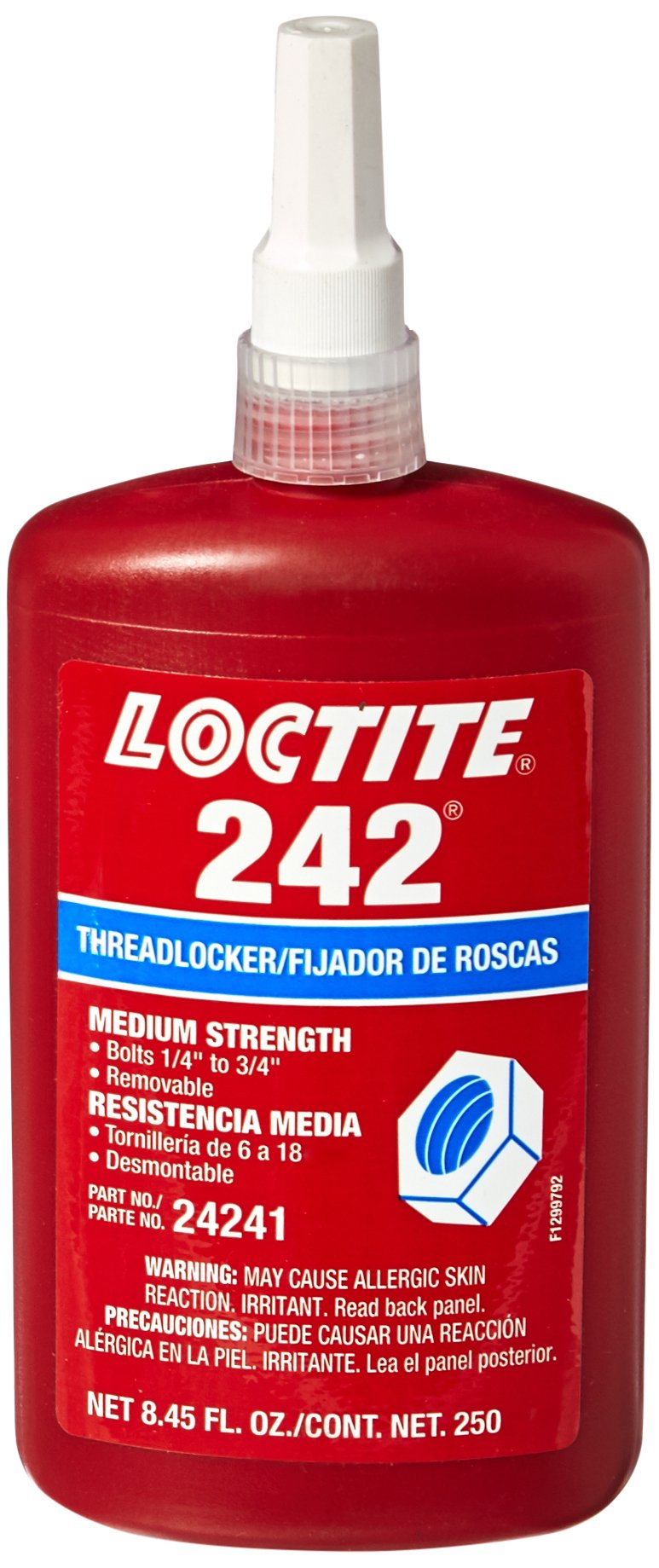 Loctite Blue 242 threadlocker bottle provides medium-strength fastening for vibration-sensitive assemblies