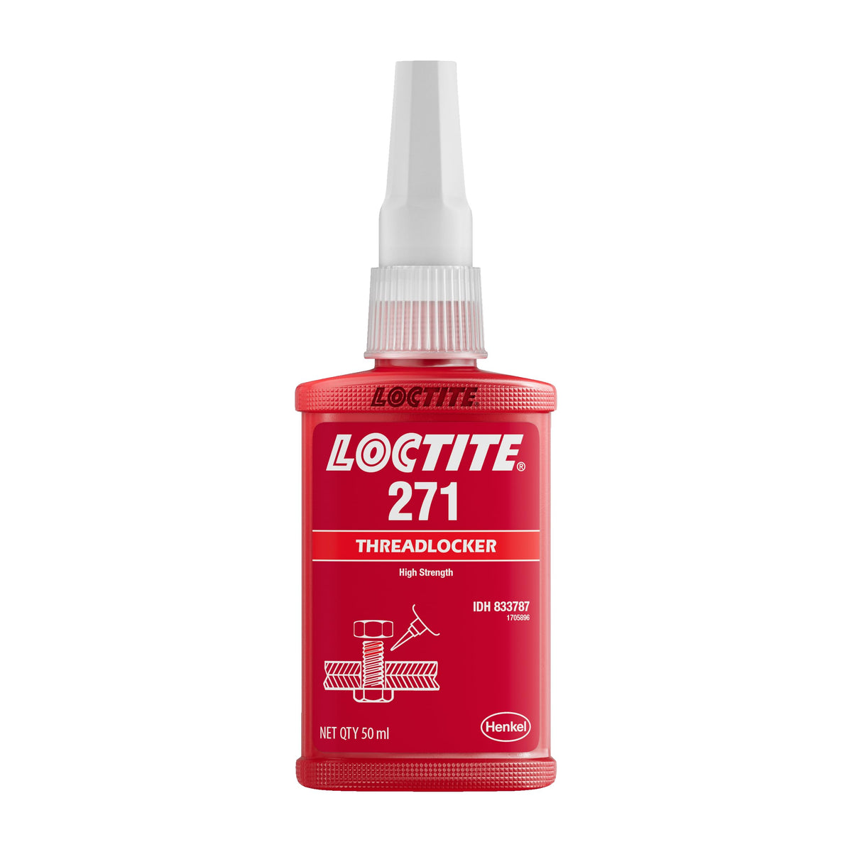 Loctite 271 red threadlocker bottle enabling strong seals for metal fasteners.