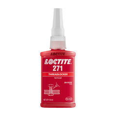 Loctite 271 red threadlocker bottle enabling strong seals for metal fasteners.
