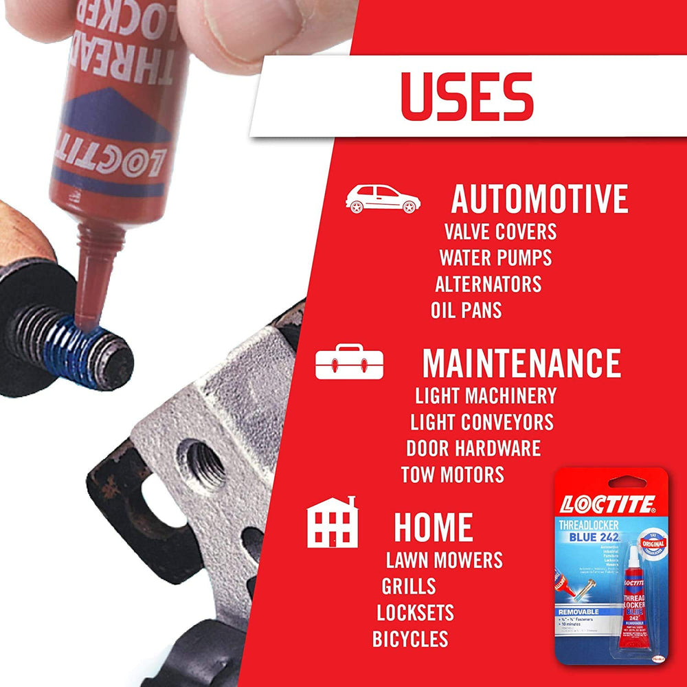 Loctite Blue 242 applied to a bolt to prevent loosening from vibration.