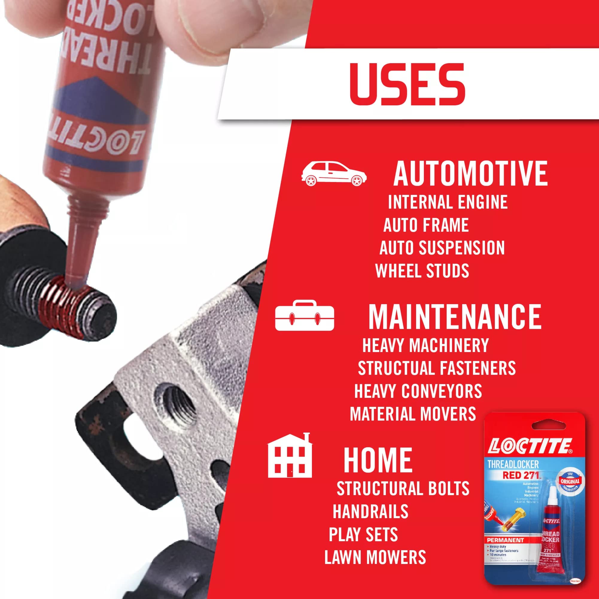 Loctite Threadlocker Red 271 bottle label highlighting size and intended use