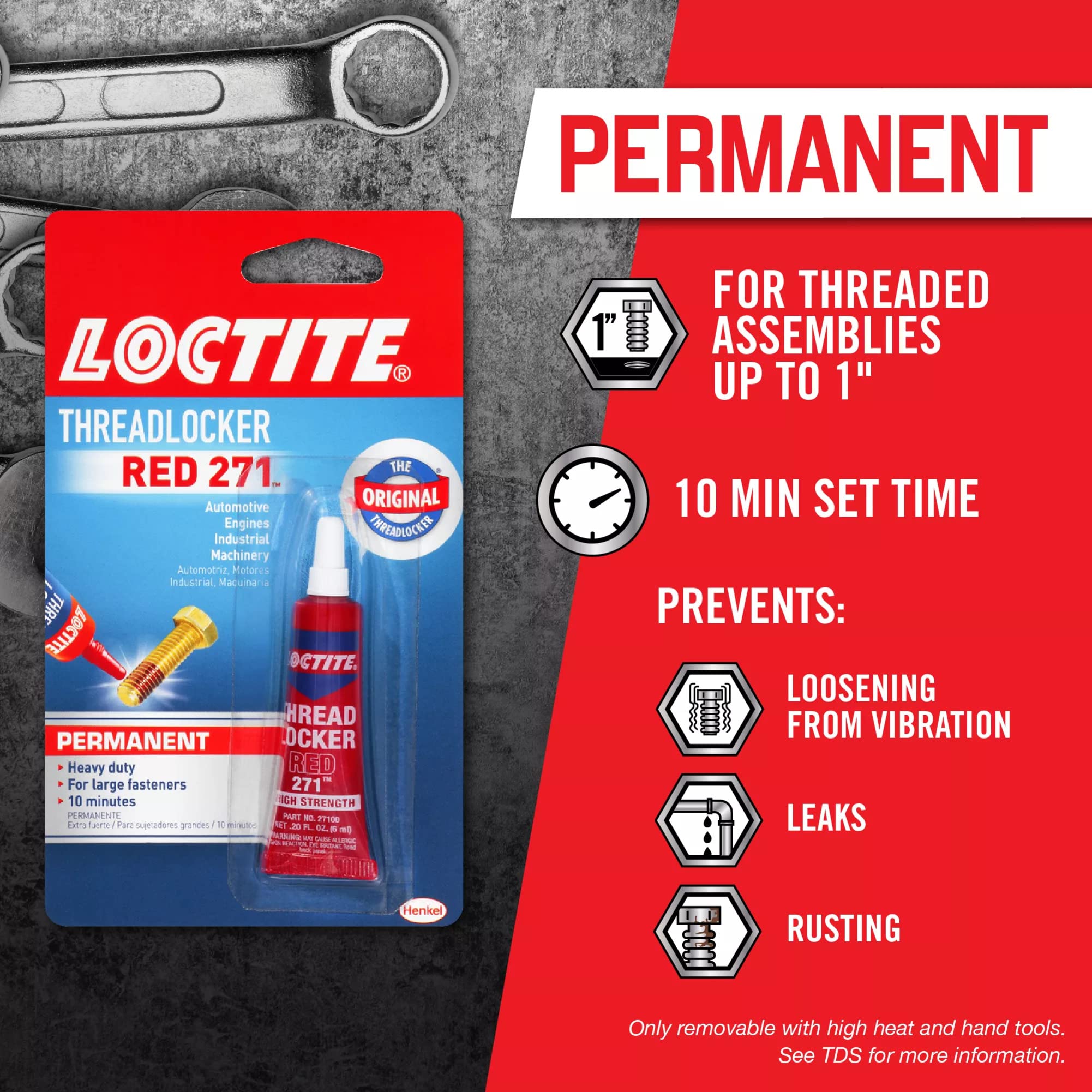 Loctite Threadlocker Red 271 suitable for large fasteners up to 1 inch
