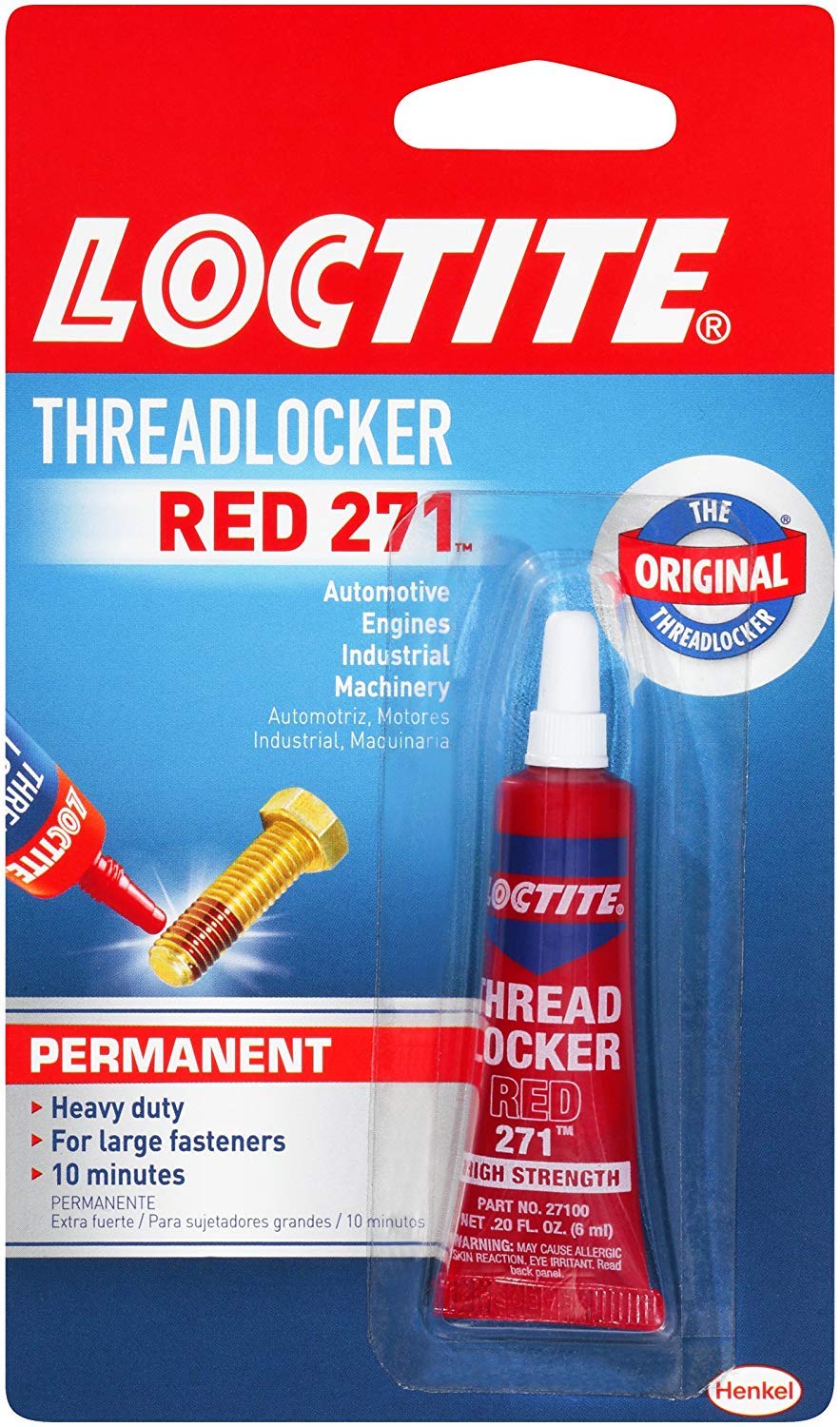 Loctite Threadlocker Red 271 tube cap showing secure lock capability on fasteners