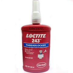 Loctite 243 blue threadlocker bottle for vibration-resistant metal fasteners.