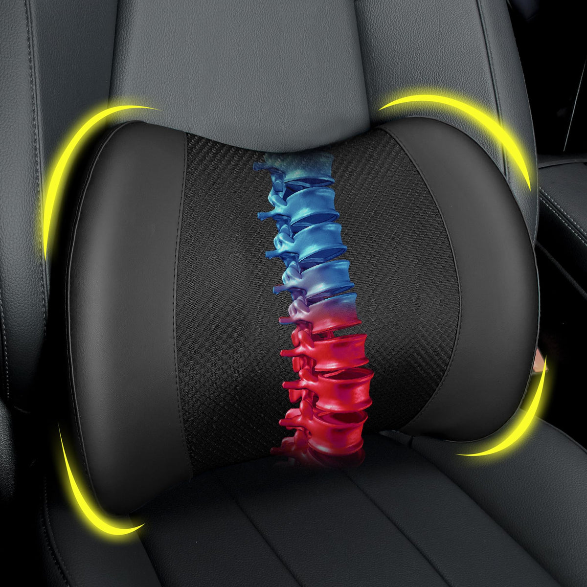 Lofty Aim lumbar pillow in car front view offering ergonomic support for long drives