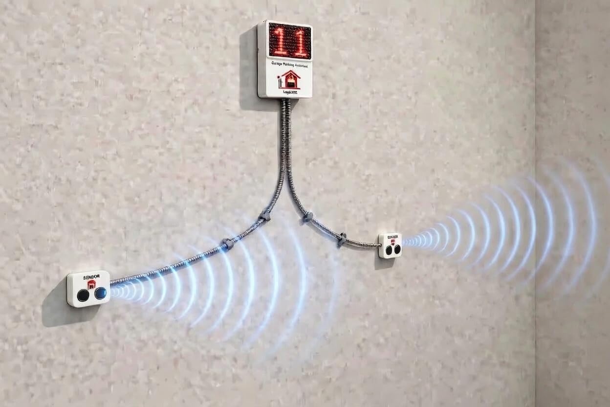 LogicXYZ garage parking assistant with digital display shows distance to bumper.