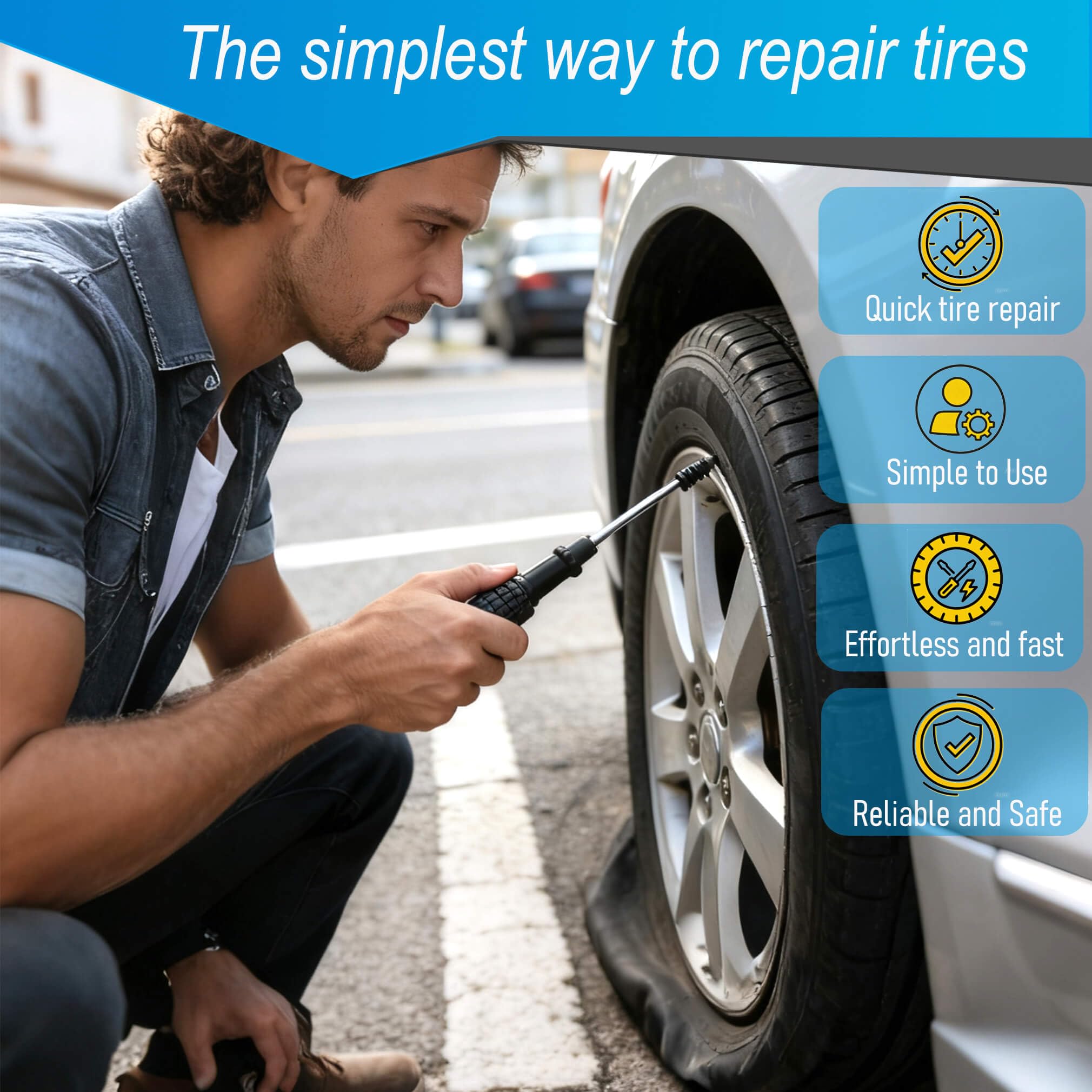 LOGOL tubeless tire repair in use demonstrates plug insertion on the wheel.