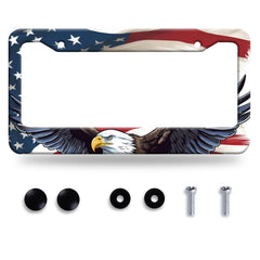 LOISTAVA American Flag Eagle license frame on stainless steel for a bold, non-blocking fit.