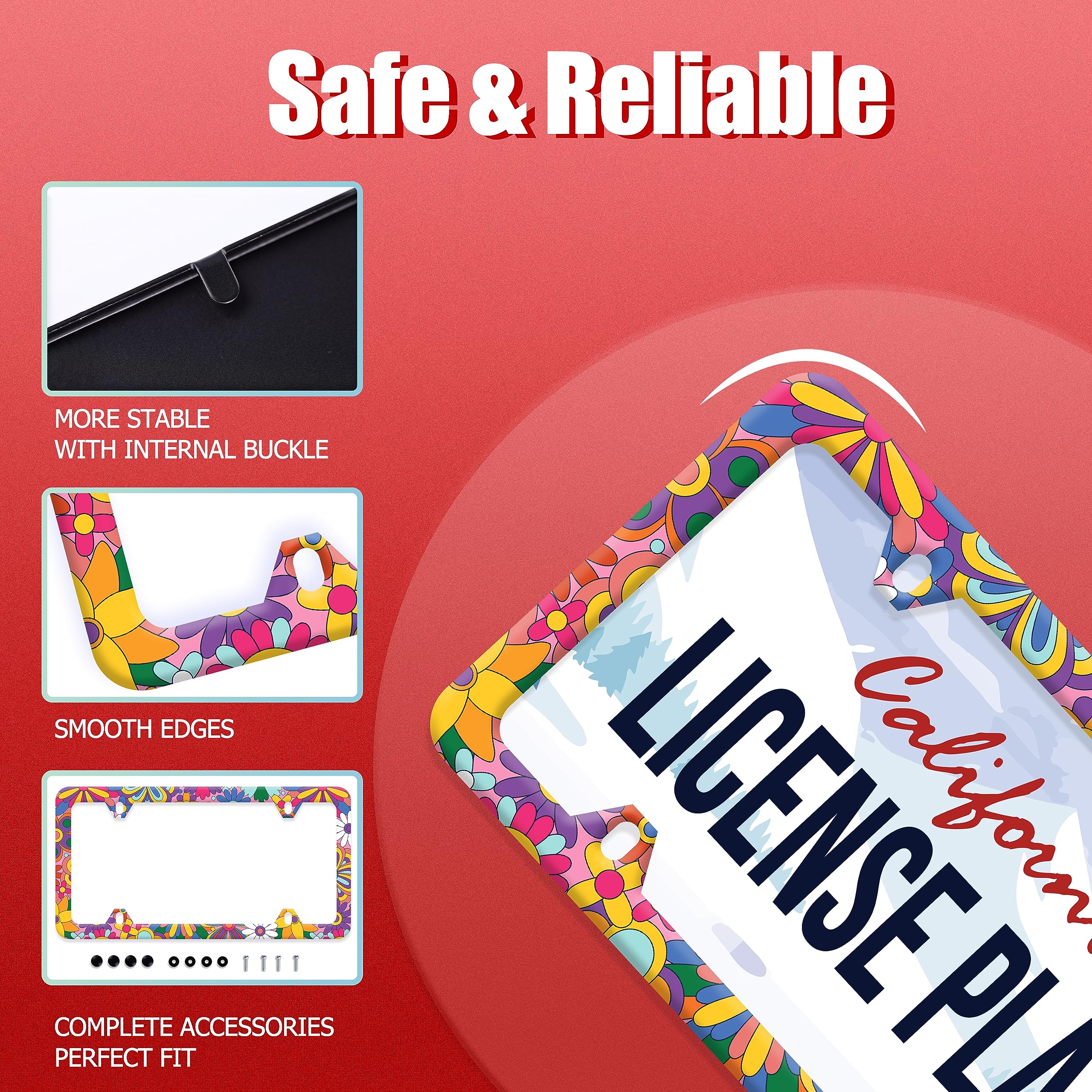 LOISTAVA floral license plate frame showcases vibrant pattern while remaining non-blocking.