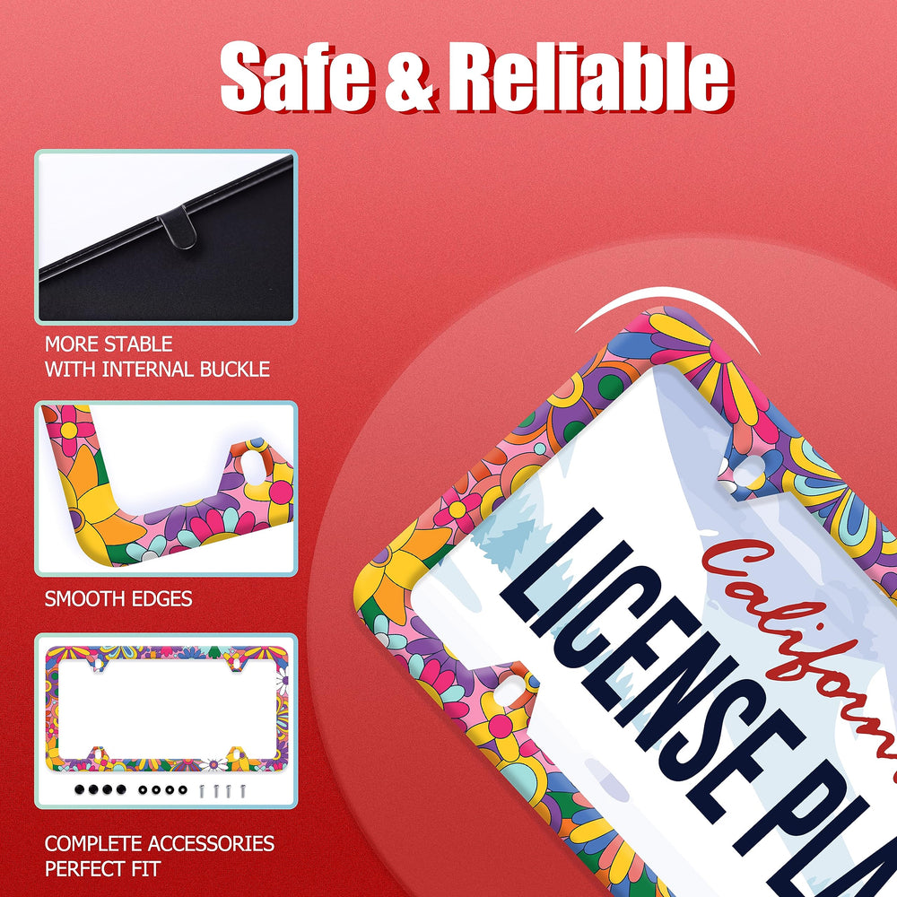 LOISTAVA floral license plate frame showcases vibrant pattern while remaining non-blocking.