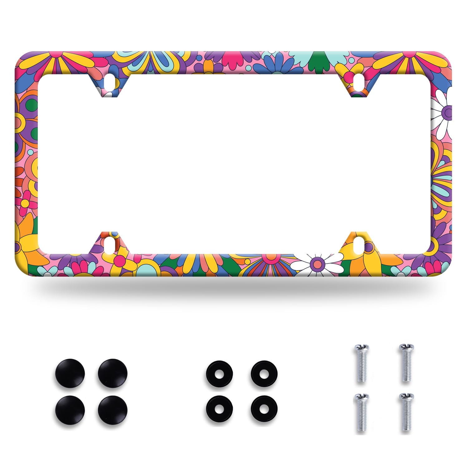 LOISTAVA Hippie Flowers license plate frame with colorful floral design for standout style.