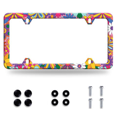 LOISTAVA Hippie Flowers license plate frame with colorful floral design for standout style.