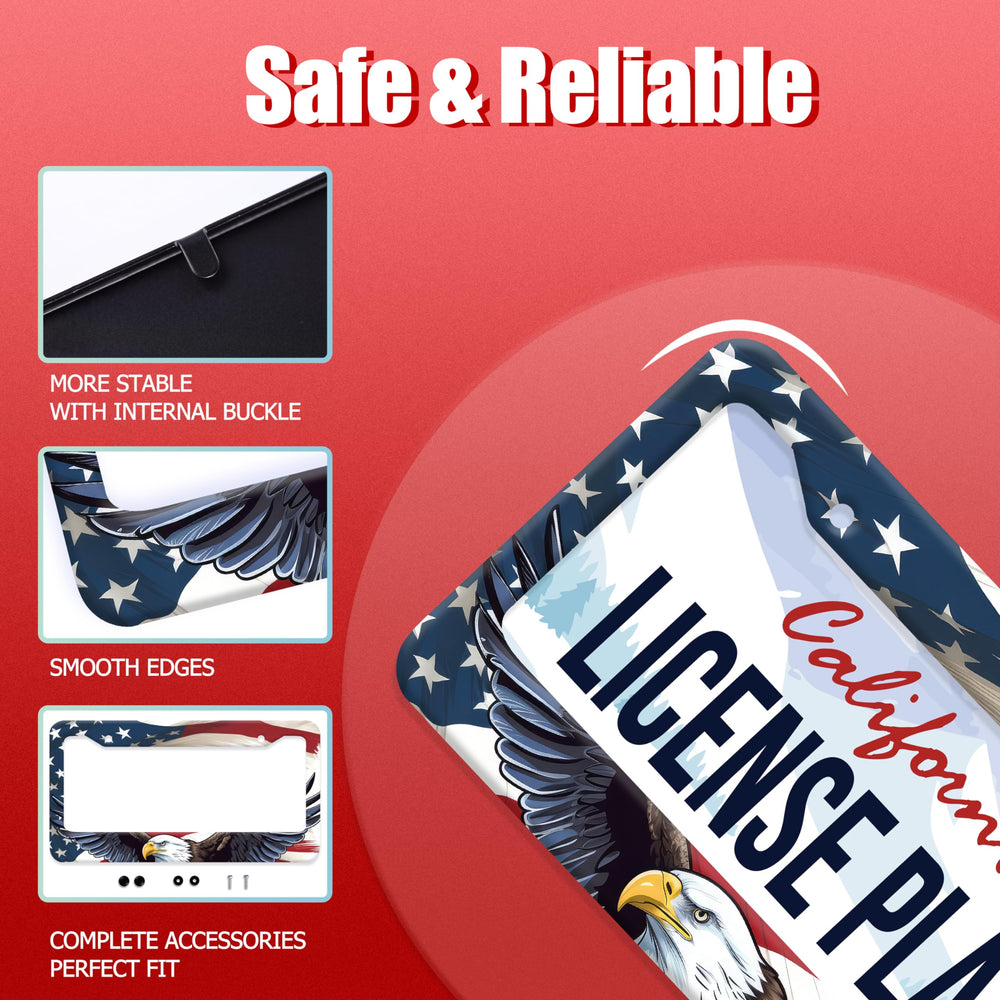 LOISTAVA Patriotic eagle license frame close-up, highlighting a rugged, rust-resistant finish.