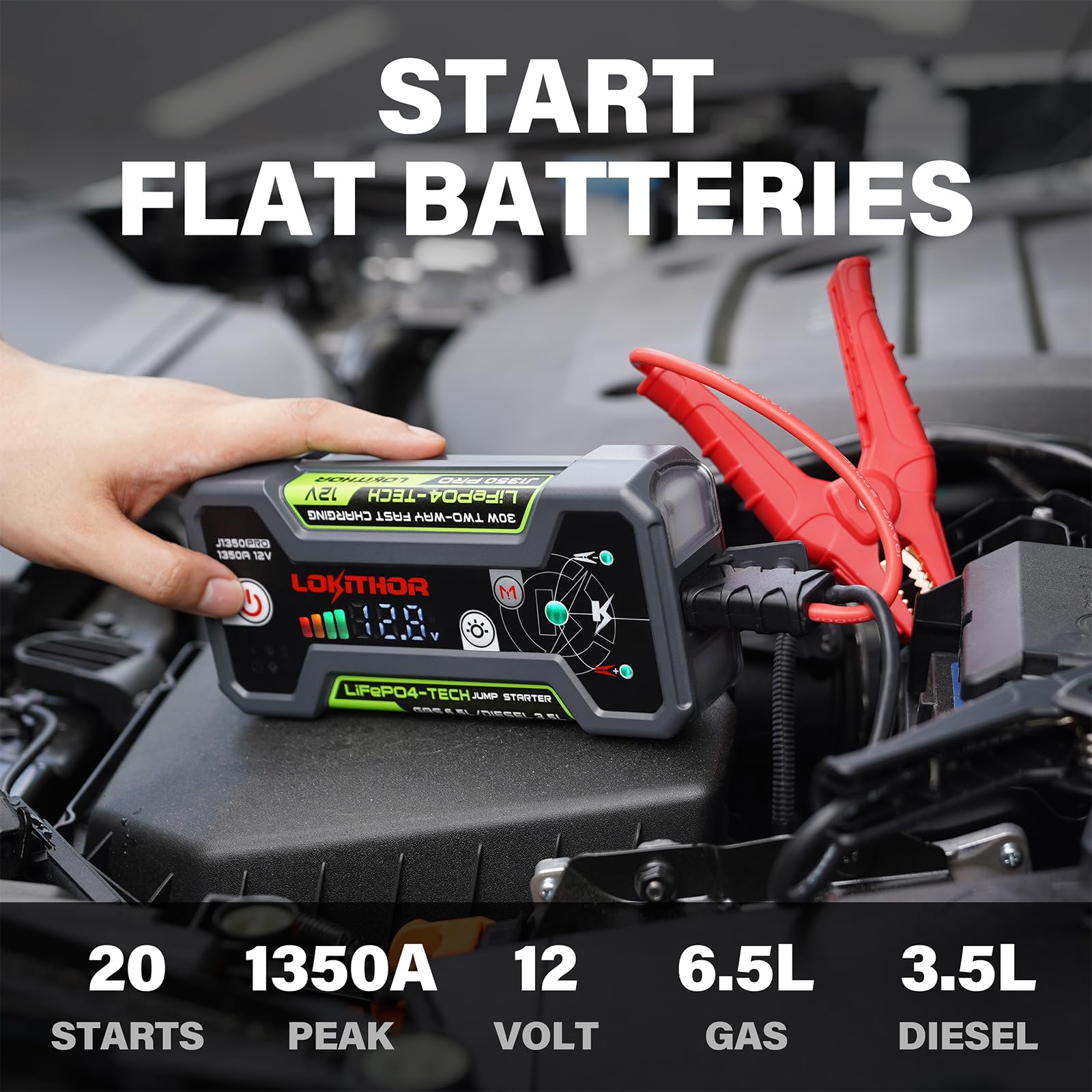 LOKITHOR J1350 PRO built‑in LED flashlight for roadside visibility.