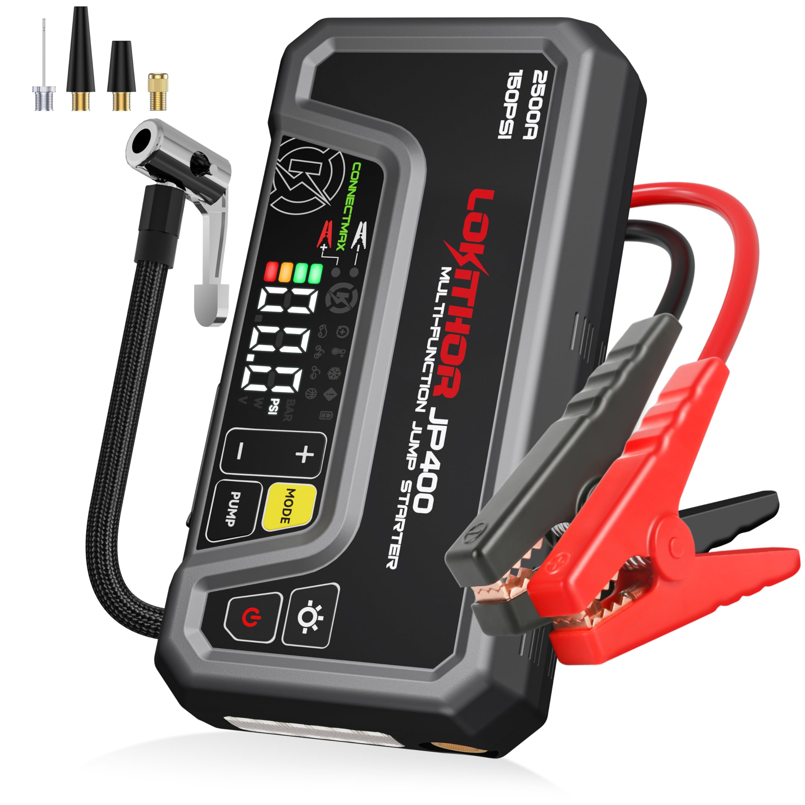 LOKITHOR JP400 front view showing compact jump starter ready for emergencies