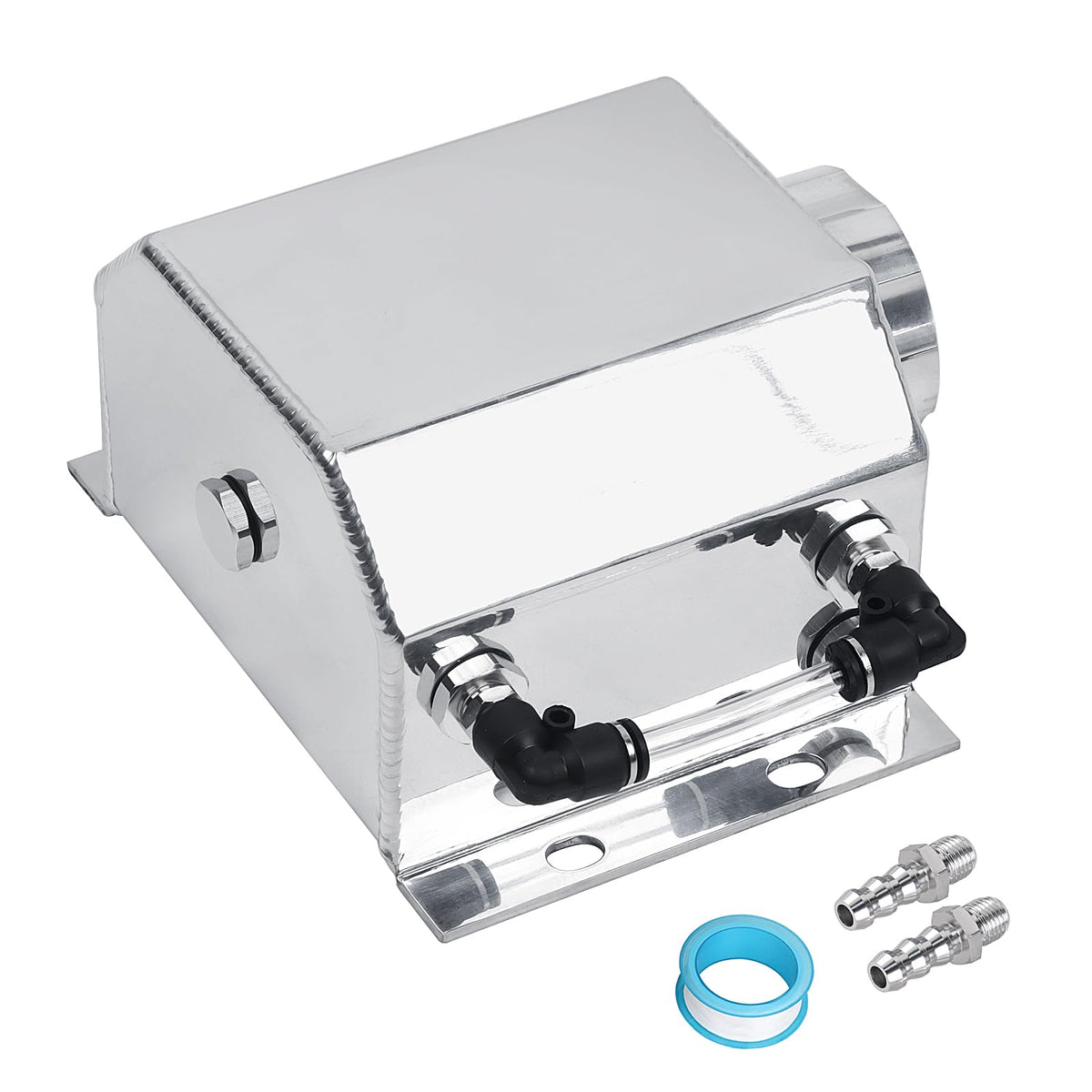 LokoCar coolant tank front view shows a compact 1L aluminum reservoir for universal fit