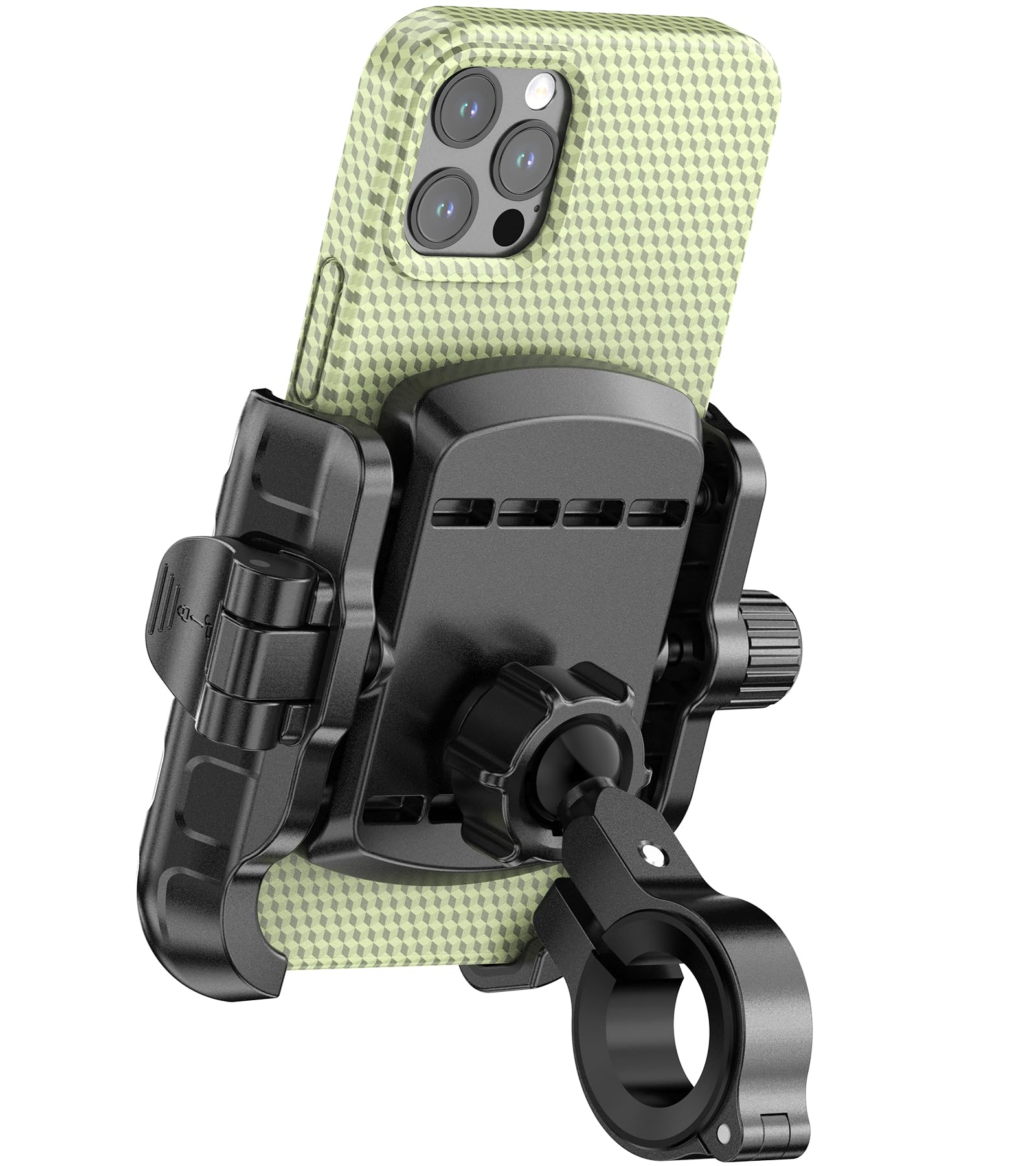 LOKTENWO bike mount with aluminum base on round handlebars secures your phone.
