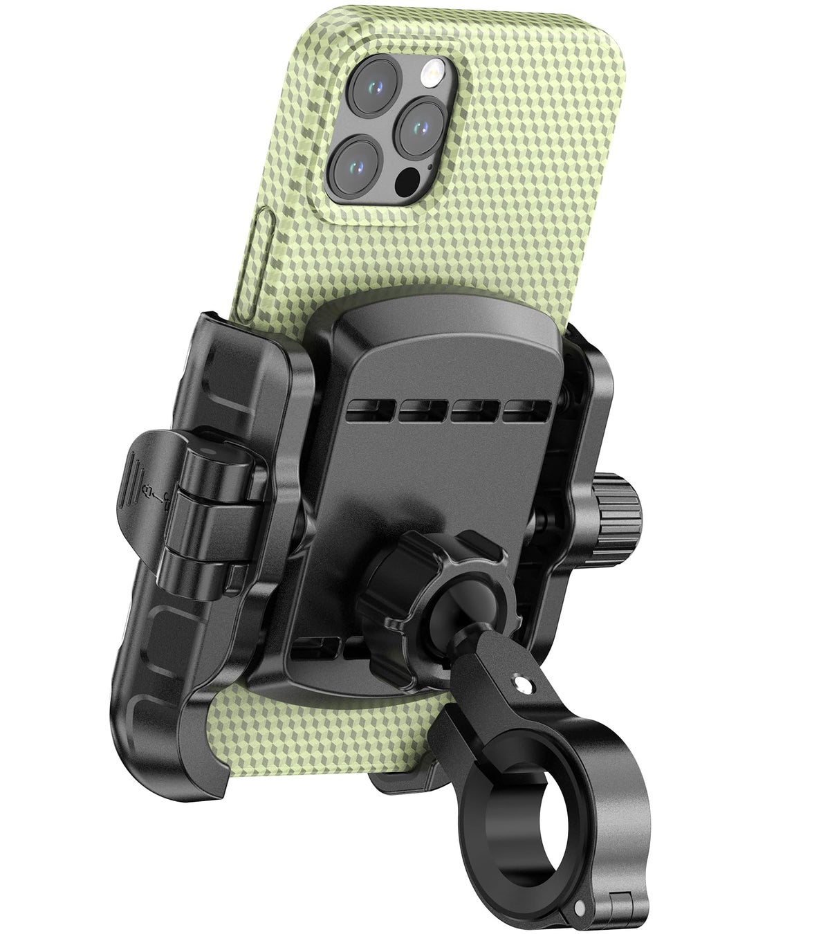 LOKTENWO bike mount with aluminum base on round handlebars secures your phone.