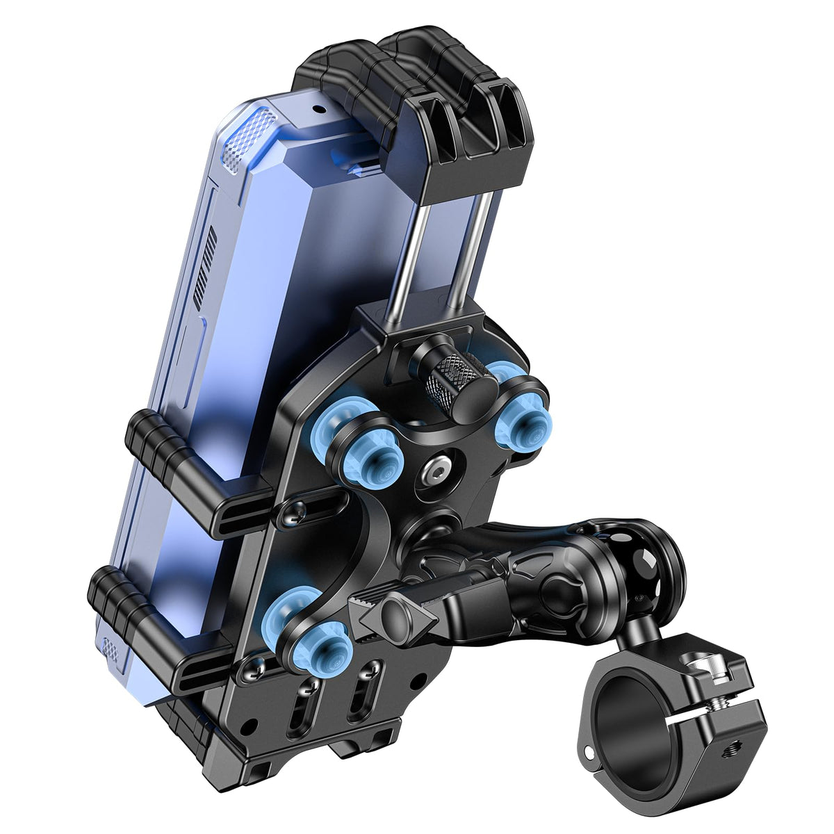 LOKTENWO motorcycle mount on handlebar showing locking mechanism for secure rides