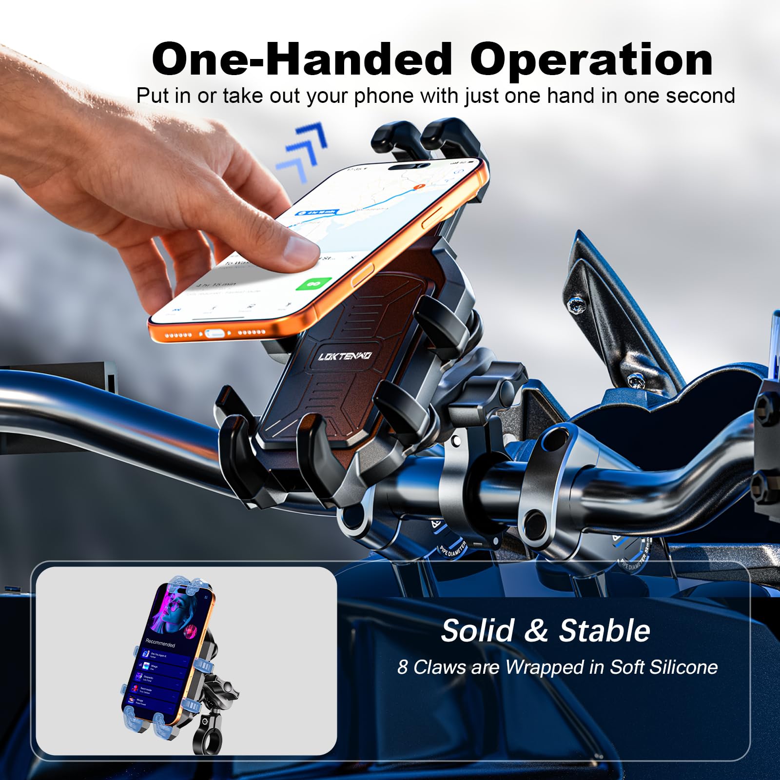 LOKTENWO phone clamp adapts to 5.4-6.9 inch screens with cases.