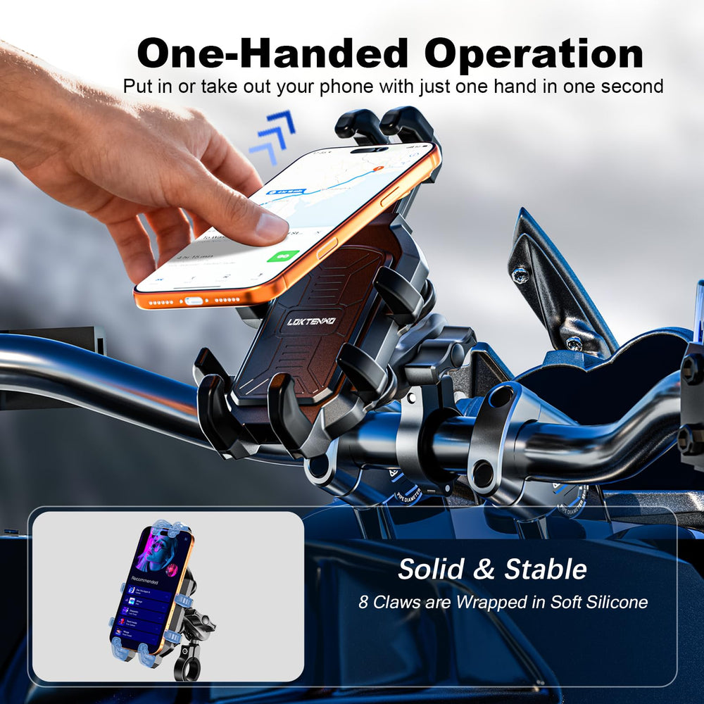 LOKTENWO phone clamp adapts to 5.4-6.9 inch screens with cases.