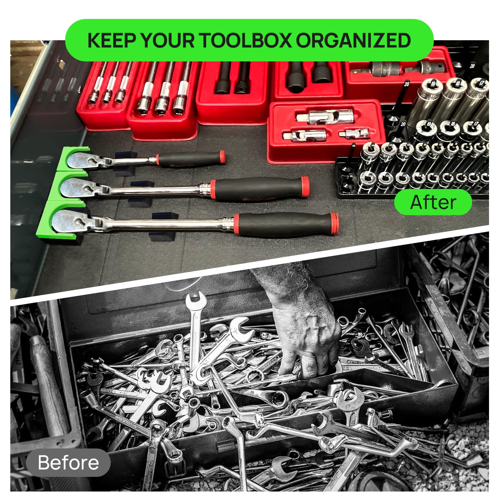 LookFox Ratchet Organizer Kit magnets securely hold tools on metal surfaces.