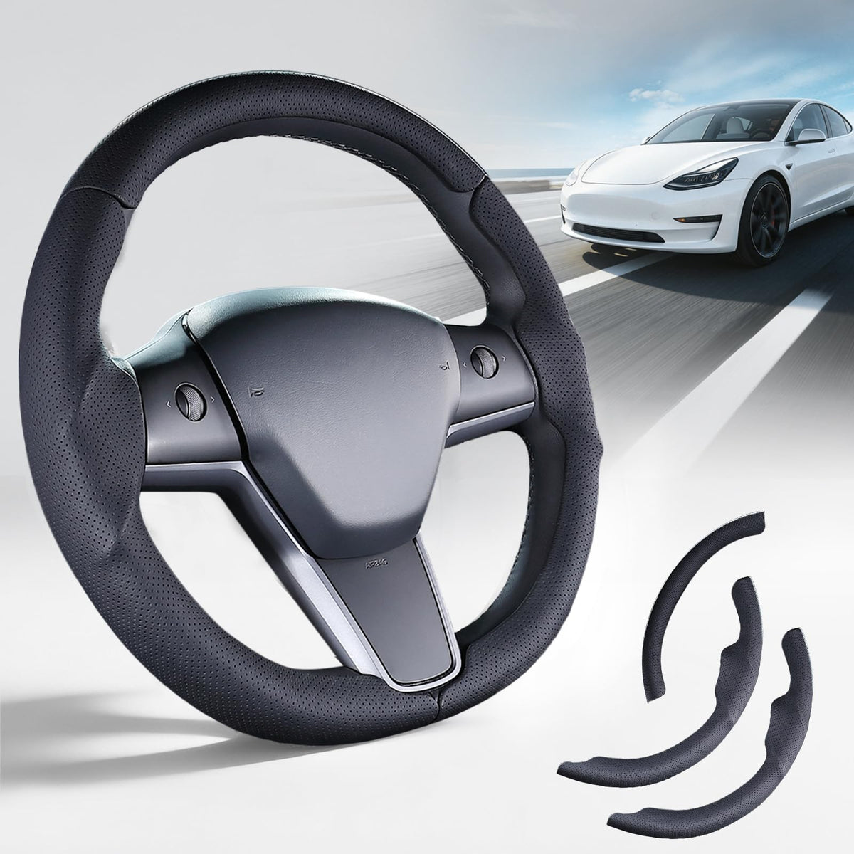 Lophnix Tesla Model 3 steering cover, glove-fit design, improved grip and protection