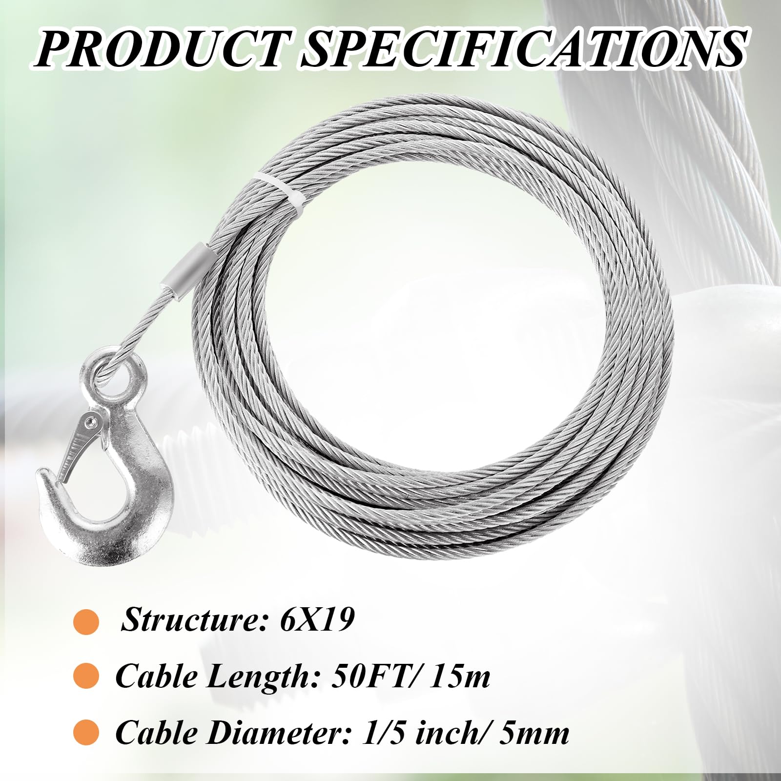 LOPYXBR 50ft winch cable showcases length for versatile rigging and towing tasks.