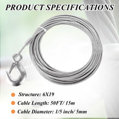 LOPYXBR 50ft winch cable showcases length for versatile rigging and towing tasks.