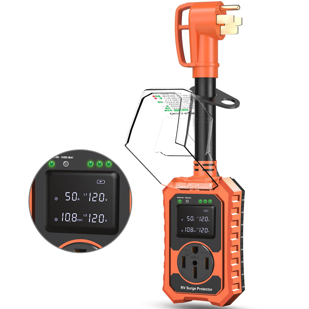 Losrik RV Surge Protector 50A with LED display shows real-time power usage.