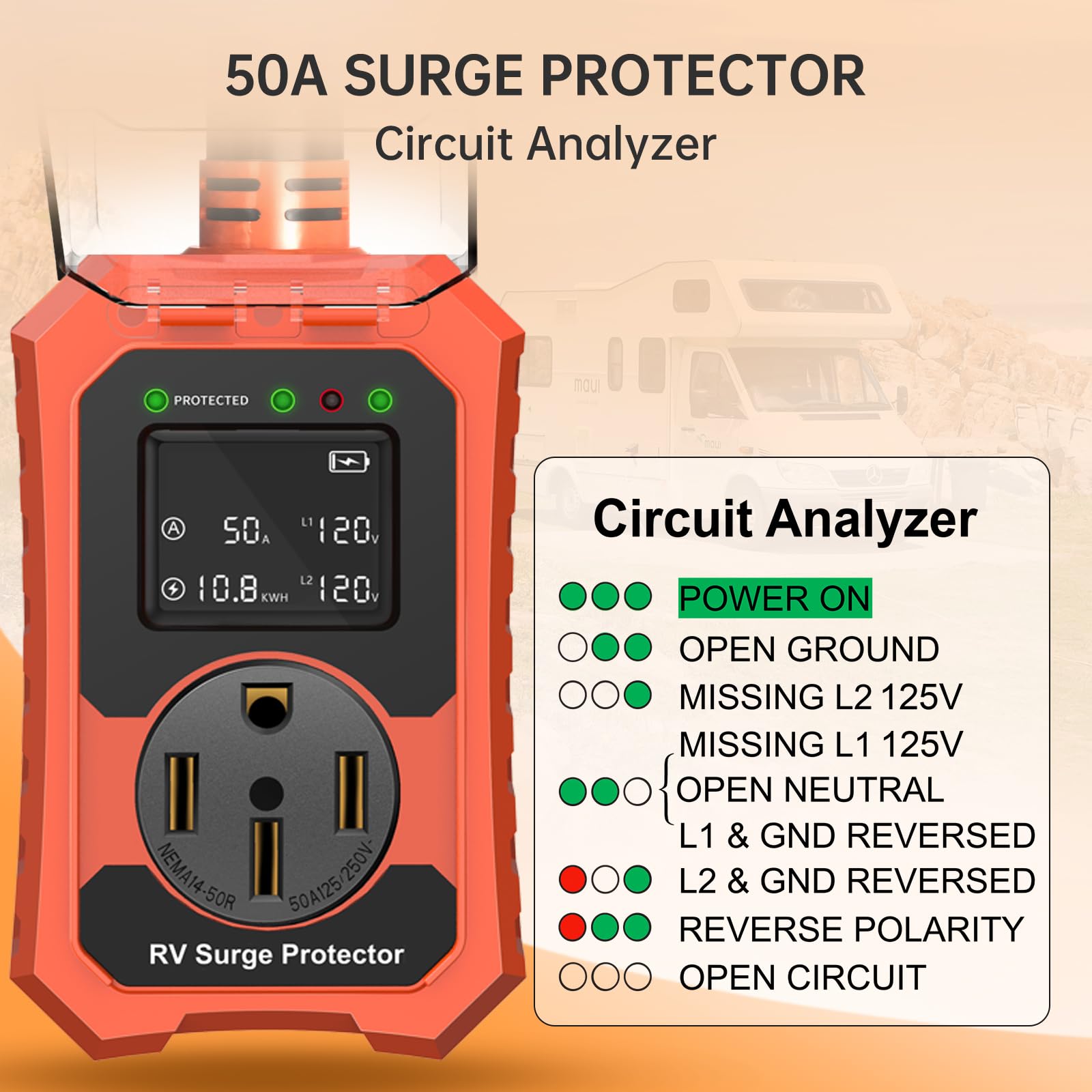 Losrik RV surge protector waterproof cover protects connections during rain.