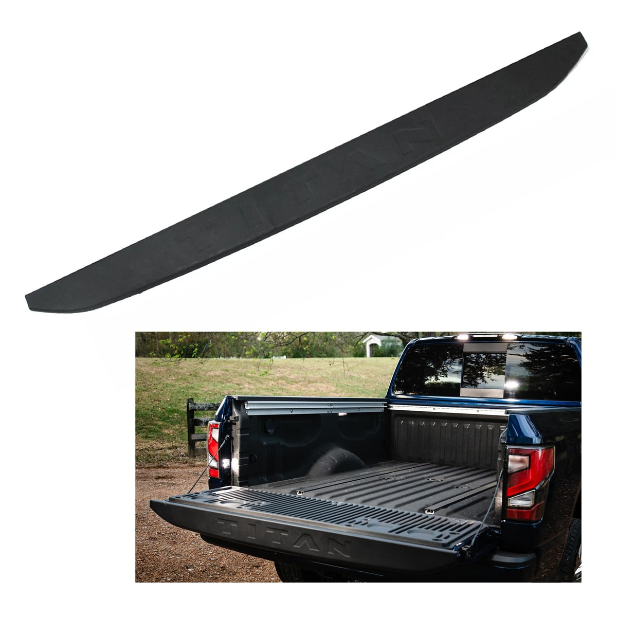 Lostar rear gate bed cap molding front view with OEM-like finish and precise fit
