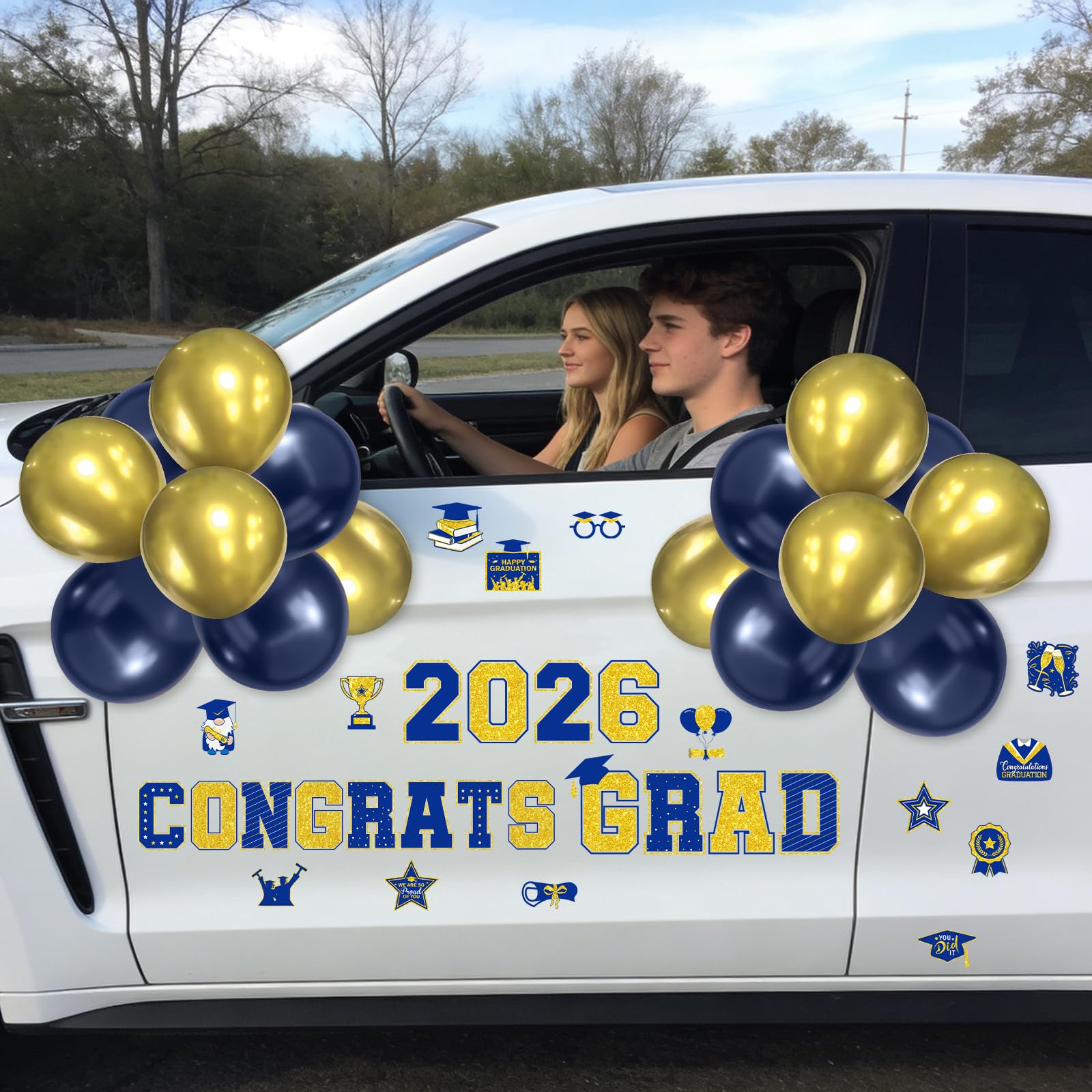 Lovarywow 46-piece graduation set creates a cohesive blue and gold theme across vehicles.