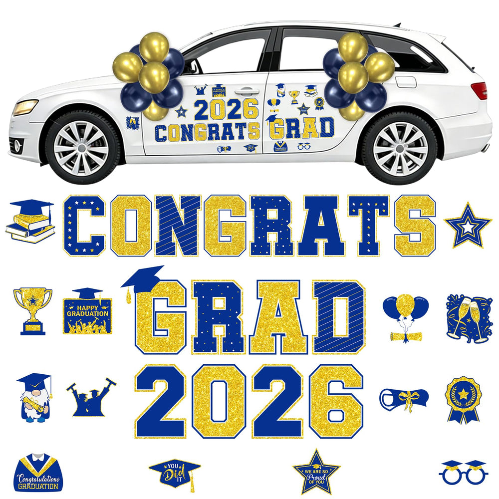 Lovarywow graduation car magnets 2026 on a blue-gold vehicle for parade-ready decor.