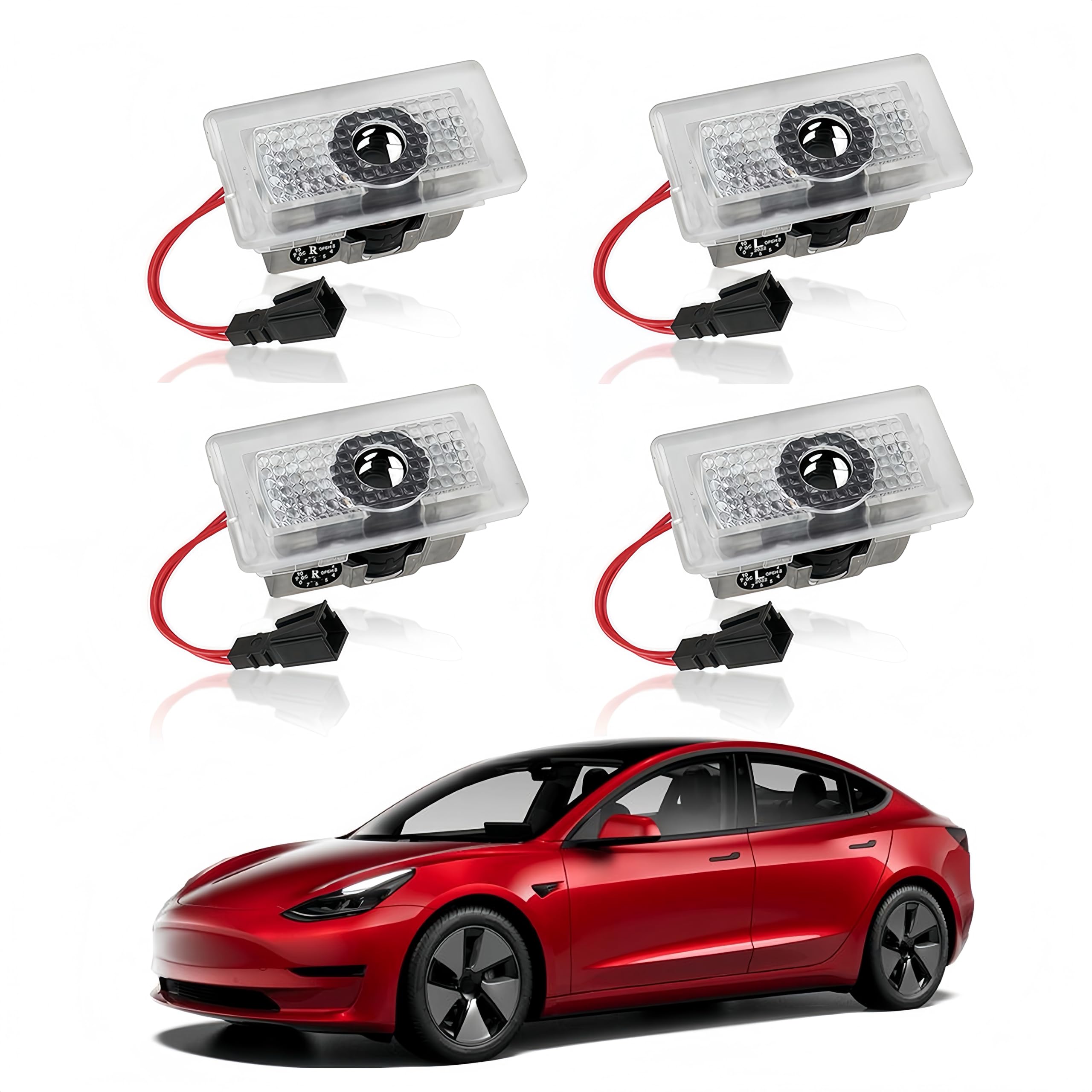 LOWEEY 4K logo projection door light for Model Y shows bright branding at the car door.