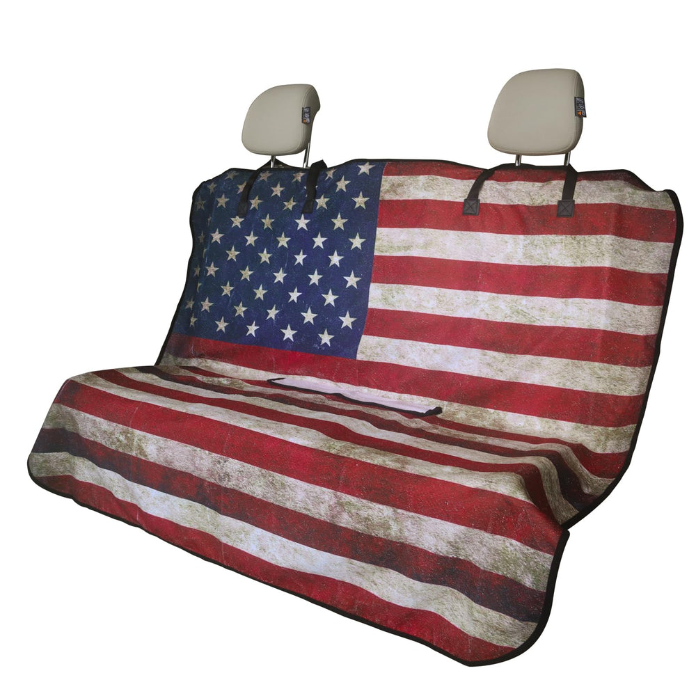 LoyaGour American flag back seat cover protecting the bench from spills