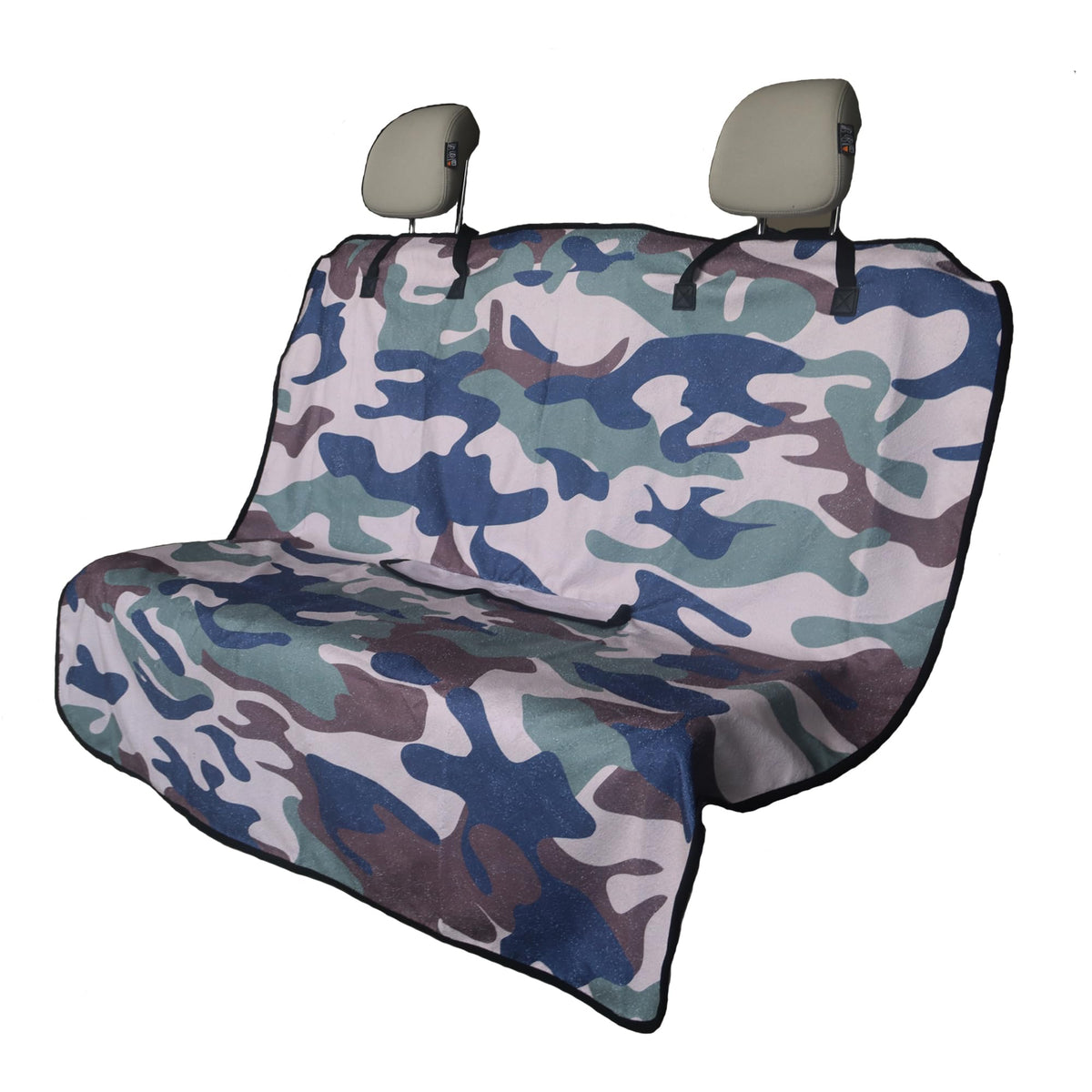 LoyaGour back seat cover camouflage front view protects upholstery from dirt and spills.