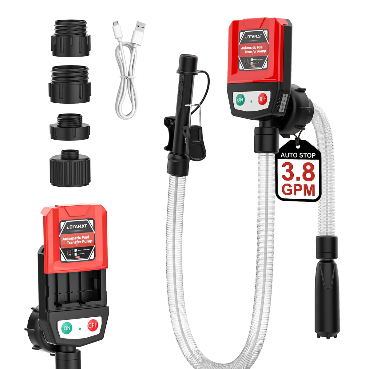 LOYAMAT automatic pump front view shows spill-free auto-stop for clean refueling